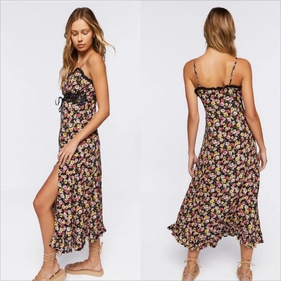 Dresses & Skirts - Forever 21 Floral Black Milkmaid Midi Dress
